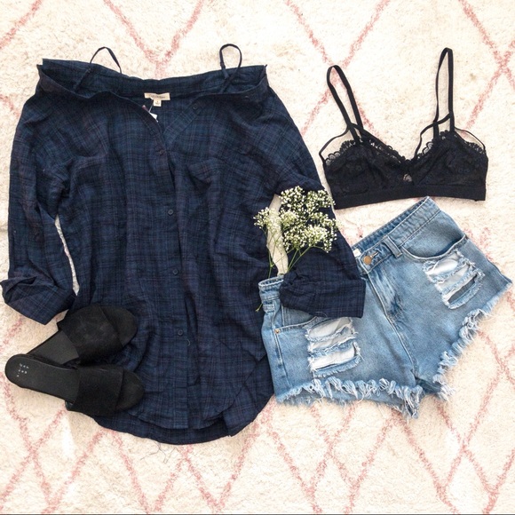 Just About Noon Tops - Off The Shoulder Flannel